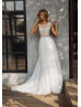 Beaded Light Grey Lace Tulle Deep V Back Wedding Dress